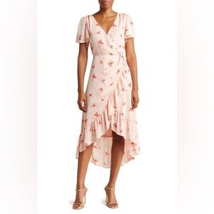 Chelsea28 Flounce Floral Print Chiffon Wrap Dress in blush pink w/ red flowers